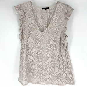 David Lerner Ivory Floral Lace Ruffle Cap Sleeve Blouse Size Medium